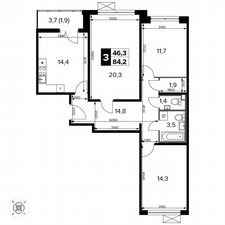 3-к. квартира, 84,2 м², 12/15 эт.
