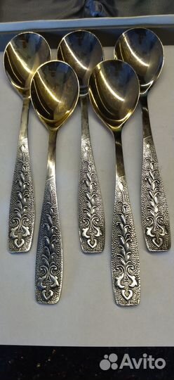 Ложки чайные 5шт, мельхиор С позолотой СССР новые