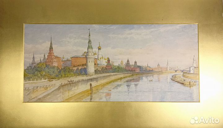 Панорама Кремля Москва старинная акварель картина