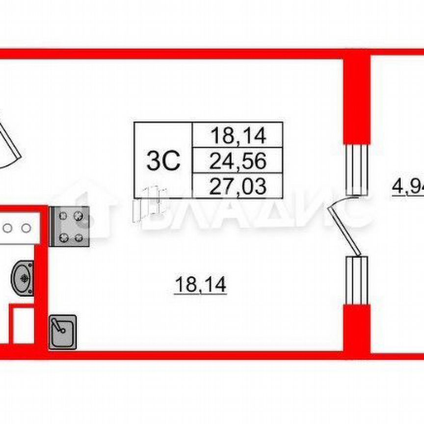 Квартира-студия, 24,6 м², 10/17 эт.