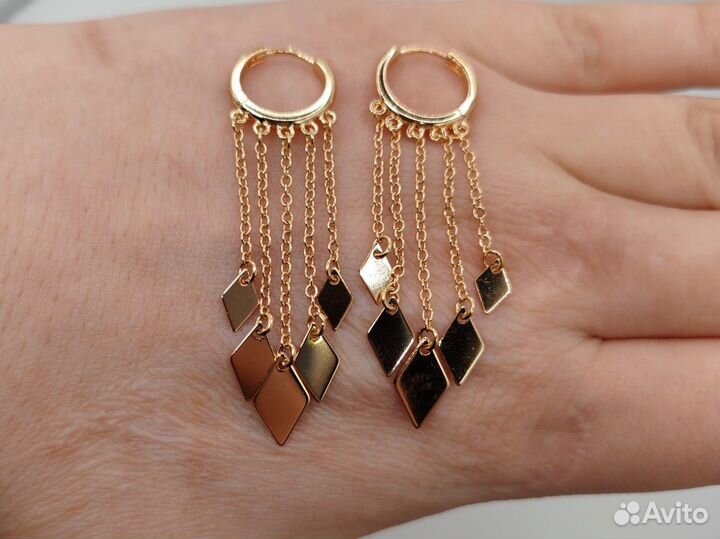 Серьги длинные, ромбики, покрытие золото