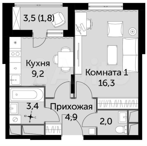 1-к. квартира, 37,6 м², 8/16 эт.