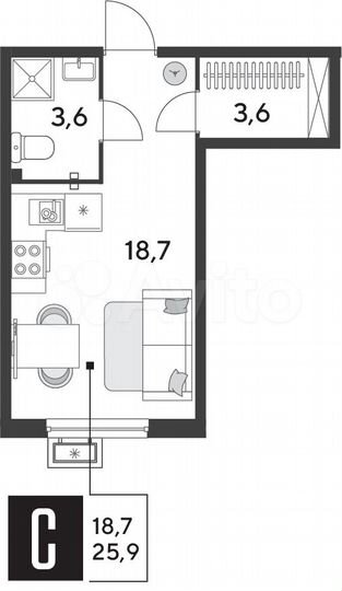 Квартира-студия, 25,9 м², 2/9 эт.
