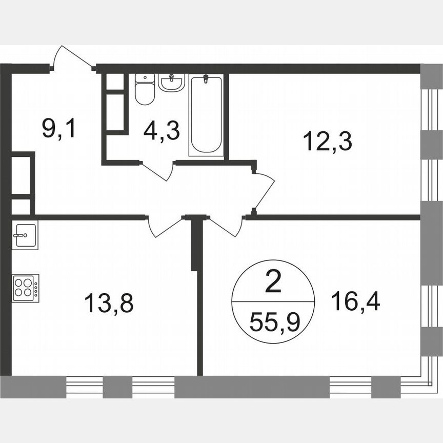 2-к. квартира, 55,9 м², 2/17 эт.