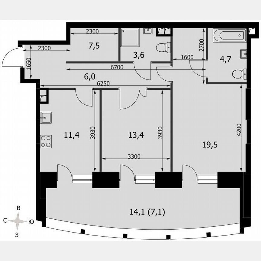 2-к. квартира, 73,2 м², 7/44 эт.