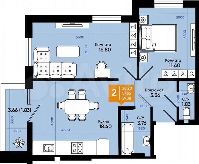 2-к. квартира, 59,4 м², 8/9 эт.