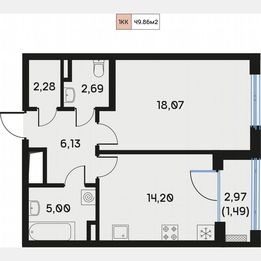 1-к. квартира, 49,9 м², 5/9 эт.