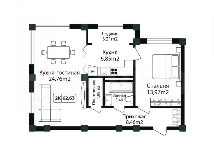 2-к. квартира, 62,6 м², 12/12 эт.