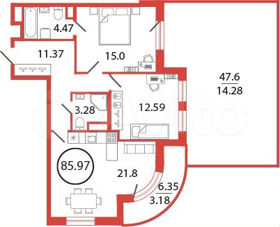 2-к. квартира, 86 м², 2/12 эт.