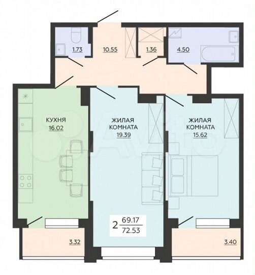2-к. квартира, 72,5 м², 16/21 эт.
