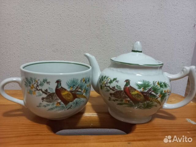 Чайник с чашкой фазаны. Зеленое клеймо