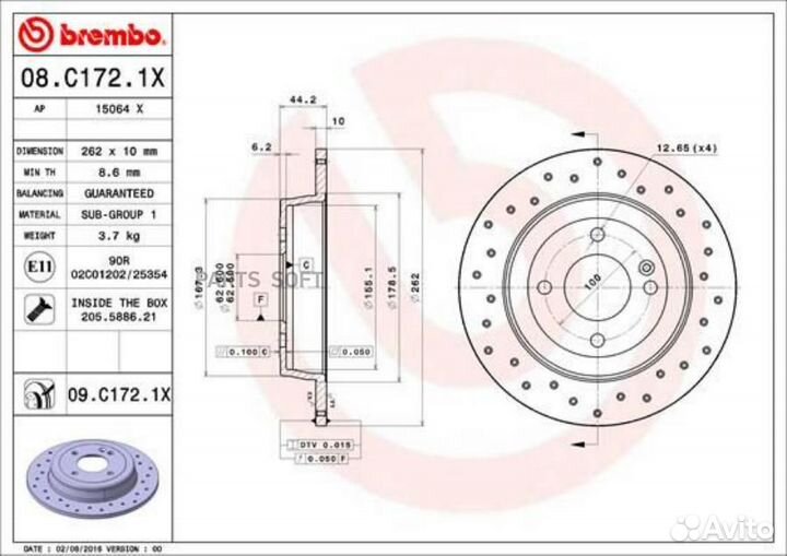 Brembo 08.C172.1X Диск торм. зад. Xtra 262x10 4 от