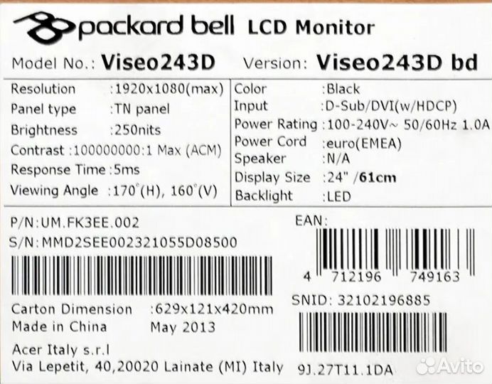 24' Packard Bell Viseo 243D LED Монитор