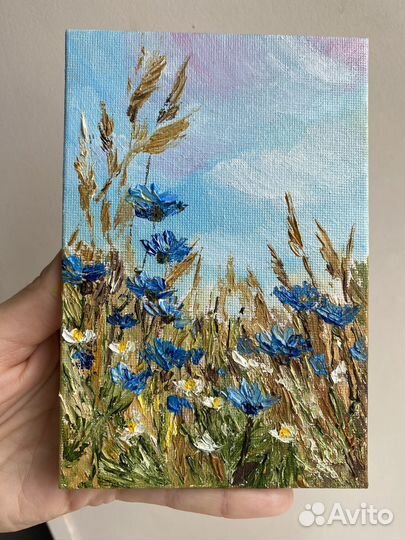 Картина маслом васильки и рожь. Миниатюра