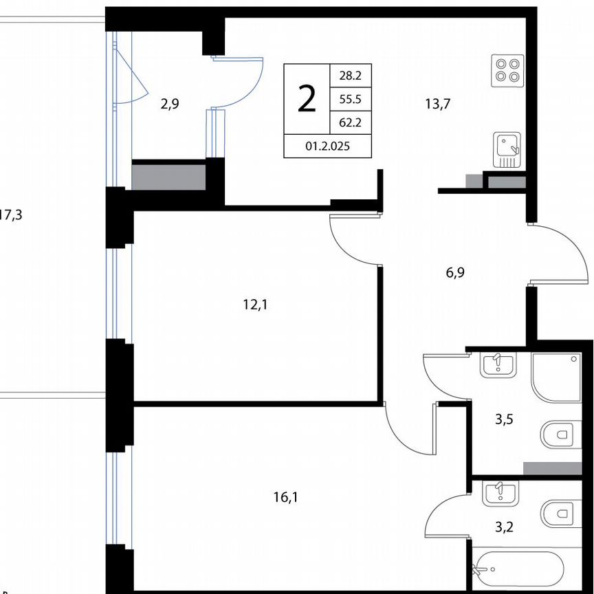 2-к. квартира, 62,2 м², 1/3 эт.