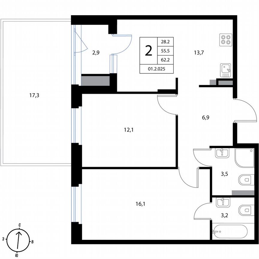 2-к. квартира, 62,2 м², 1/3 эт.