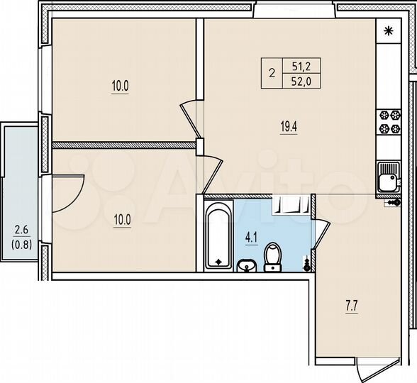 2-к. квартира, 52 м², 12/13 эт.