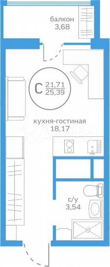 Квартира-студия, 21,7 м², 18/20 эт.