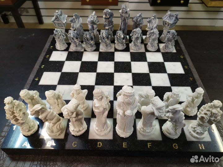 Шахматы Русские сказки мрамор змеевик