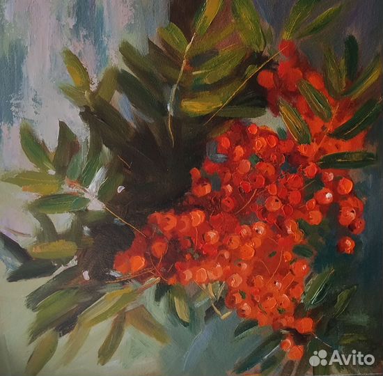 Картина маслом, рябина, 28х28