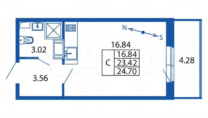 Квартира-студия, 24,7 м², 3/12 эт.