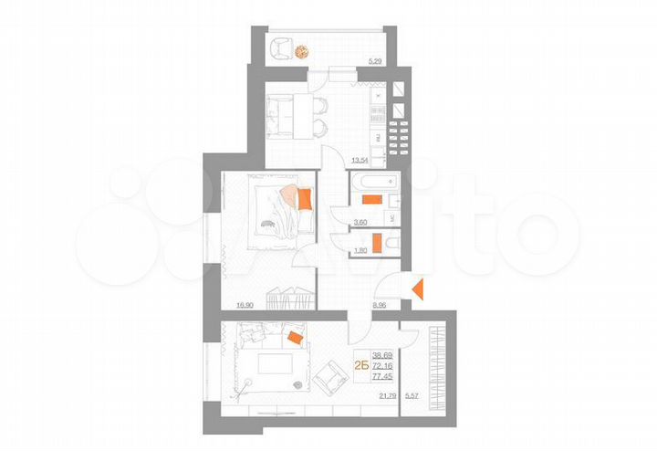 2-к. квартира, 77,4 м², 1/5 эт.
