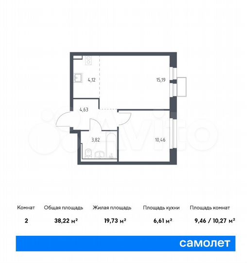2-к. квартира, 38,2 м², 15/17 эт.