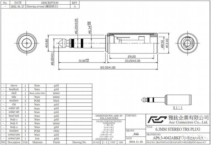 Aec Connectors AP6.3-4042 Gold Stereo