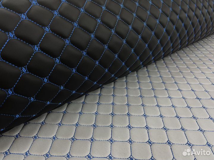 Стеганая экокожа черная синий квадрат