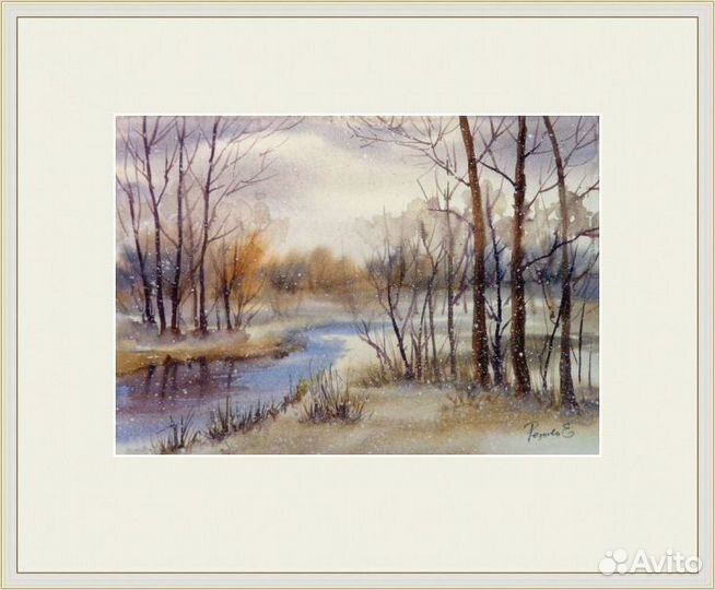 Картина акварелью, зима,зимний пейзаж