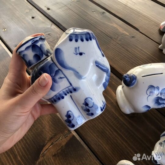 Гжель слон, кот, мыши винтаж СССР