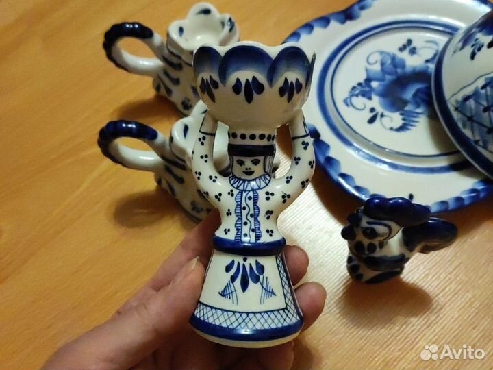 Гжель СССР подсвечники, солонка, под яйцо, петух