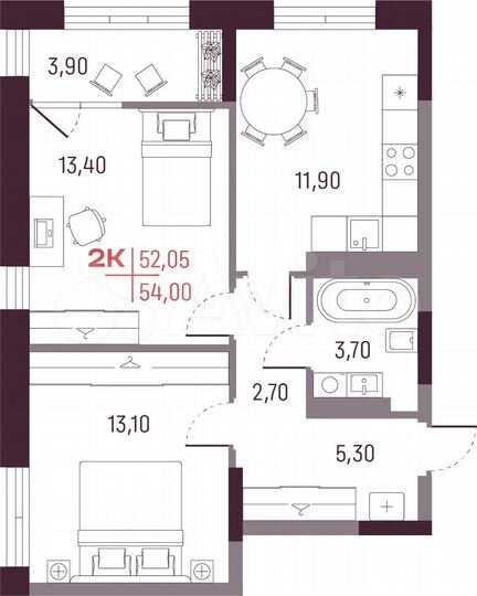 2-к. квартира, 52,1 м², 22/25 эт.