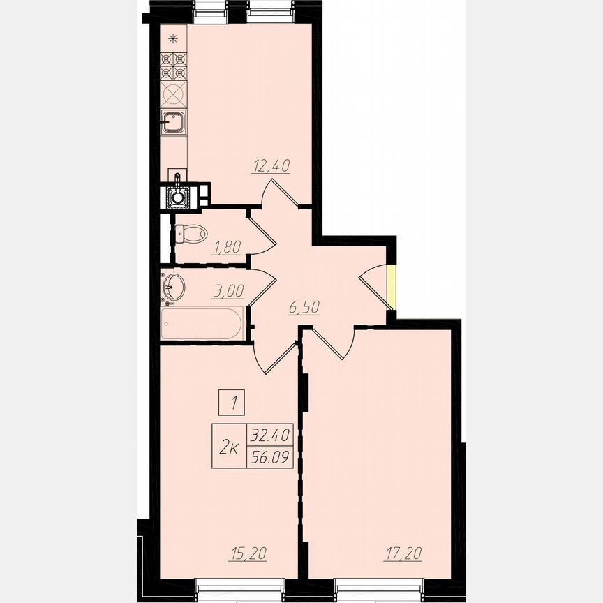 2-к. квартира, 61,3 м², 1/4 эт.