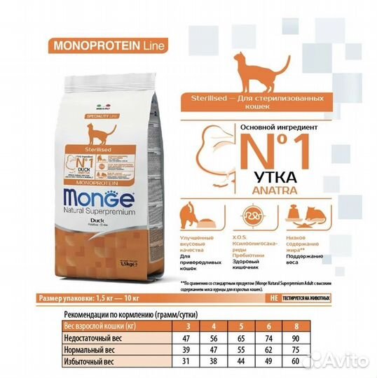 Корм для стерилизованных кошек monge(Монге) 10 кг