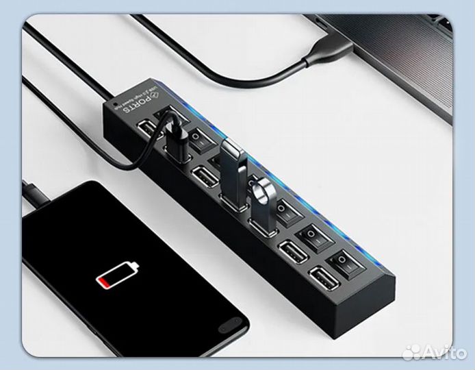 USB-концентратор 7 портов с переключателями