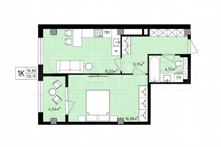 1-к. квартира, 50,1 м², 16/16 эт.