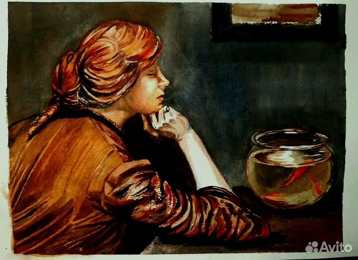 Картина акварелью Момент отдыха 26,5х20,0