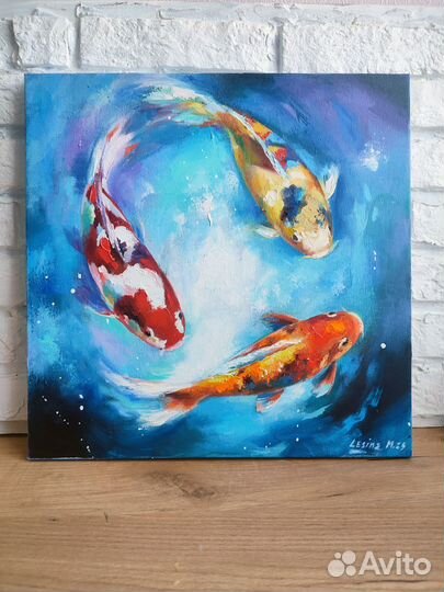 Картина маслом на холсте с карпами Кои 40/40 см