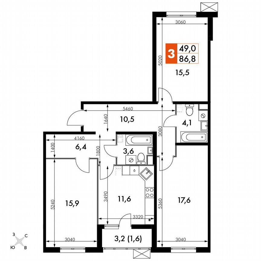 3-к. квартира, 85,2 м², 1/22 эт.