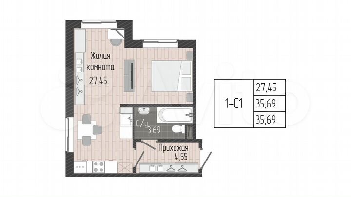 1-к. квартира, 35,7 м², 1/8 эт.