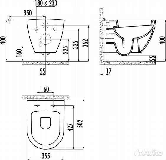 Чаша для унитаза подвесного Creavit TP325 золото, круги