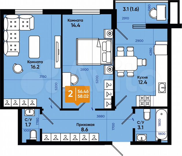 2-к. квартира, 58 м², 8/9 эт.