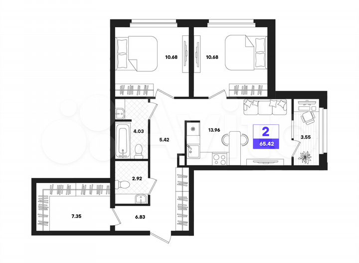 2-к. квартира, 65,4 м², 2/22 эт.