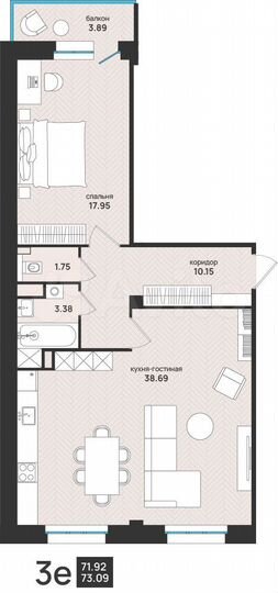 2-к. квартира, 73,1 м², 2/9 эт.