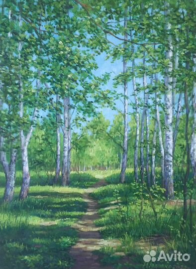 Картина маслом пейзаж тропинка березы лето