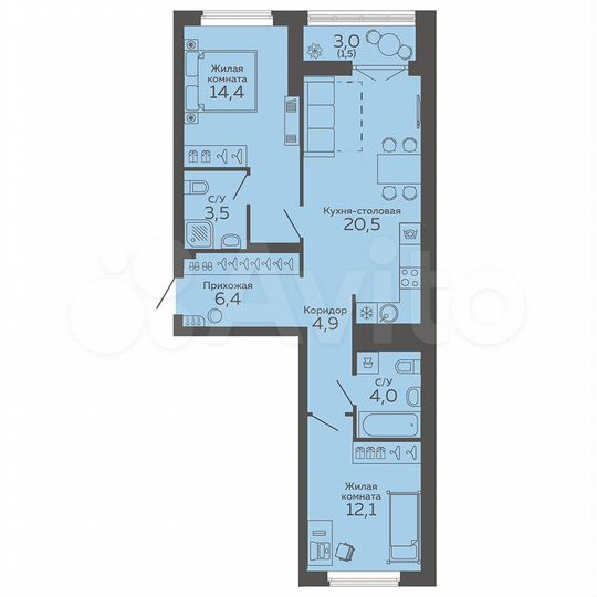 2-к. квартира, 67,3 м², 6/25 эт.