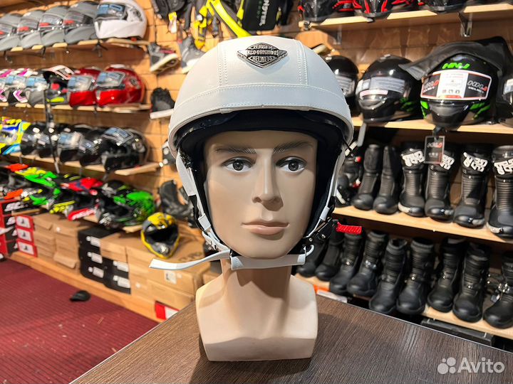 Каска белая кожзам с очками для мото