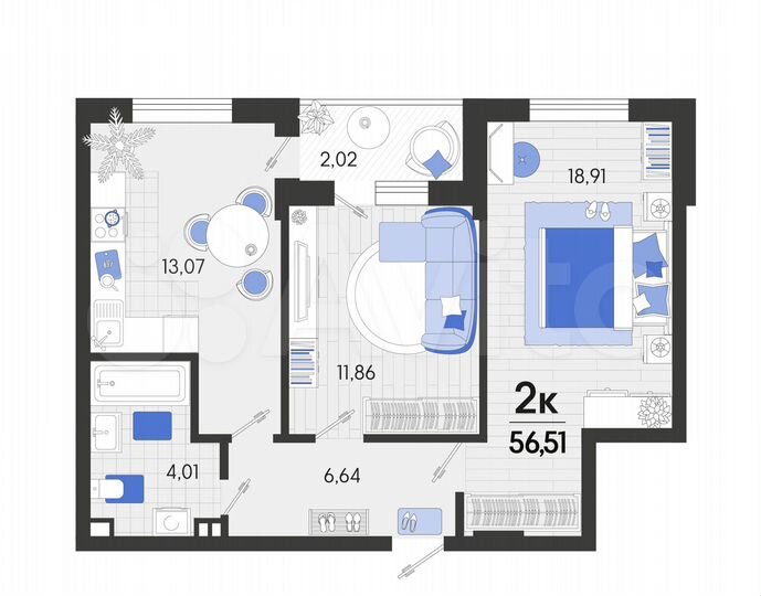 2-к. квартира, 56,5 м², 7/7 эт.