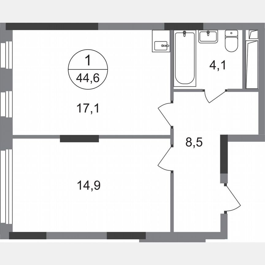 1-к. квартира, 44,6 м², 8/17 эт.